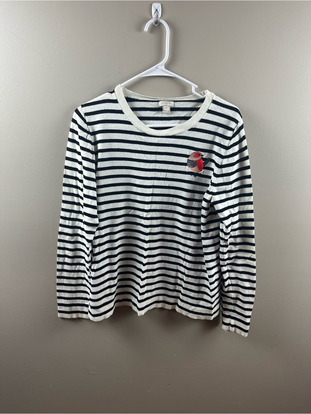 J. Crew Black & White Striped Long-Sleeve Tee with Red Bird Patch